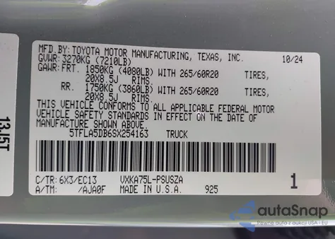 2025 Toyota Tundra Sr5 4Wd из США, поврежденный, VIN 5TFLA5DB6SX254163